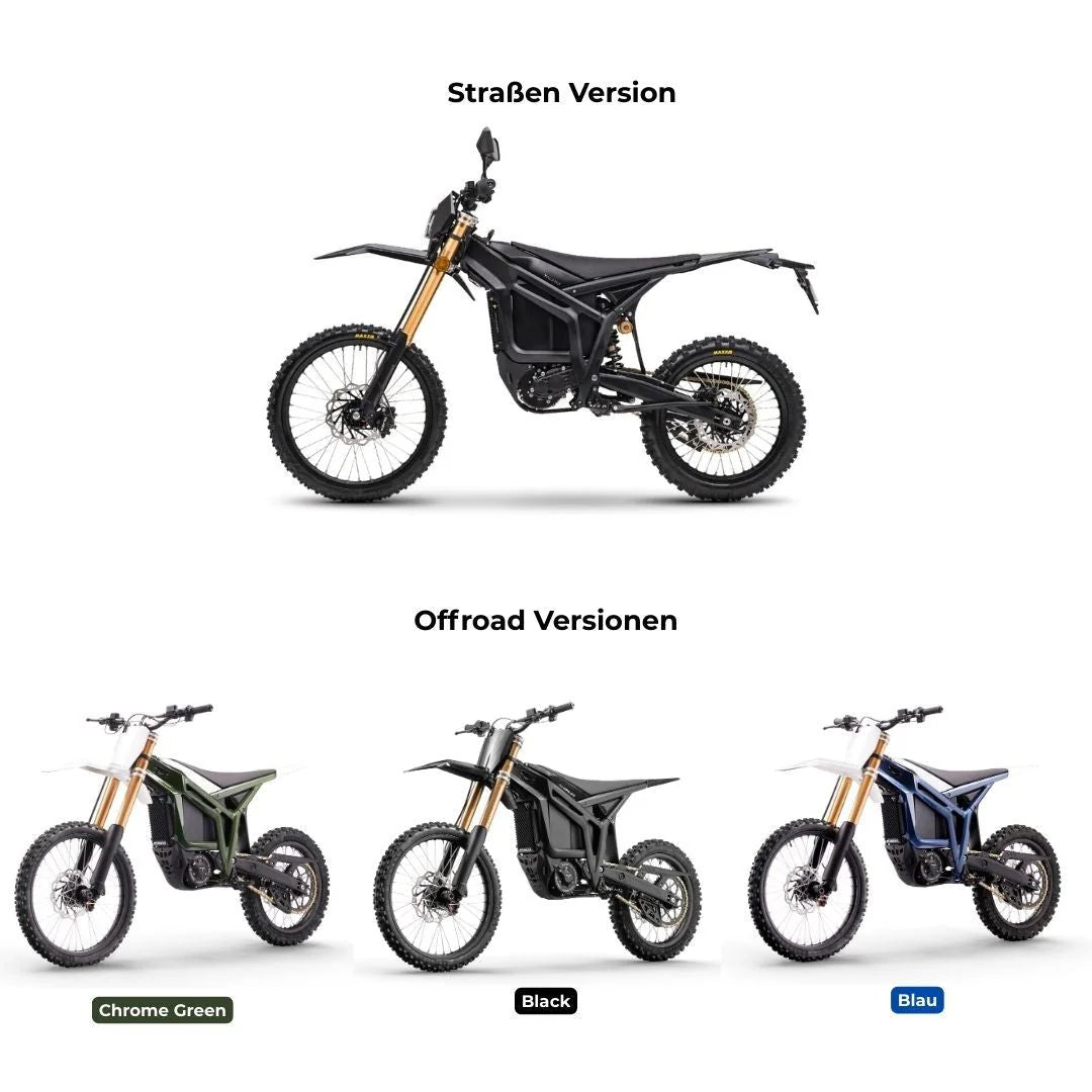 Talaria Komodo 32 kW als L3e- und Offroad-Version in Schwarz, Blau und Chrome Green
