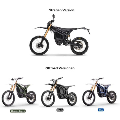 Talaria Komodo 32 kW als L3e- und Offroad-Version in Schwarz, Blau und Chrome Green